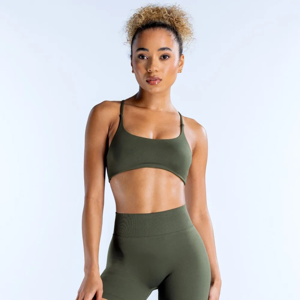 Olive Green Strappy Open-Back Sports Bra with Scoop Neckline