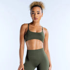 Olive Green Strappy Open-Back Sports Bra with Scoop Neckline