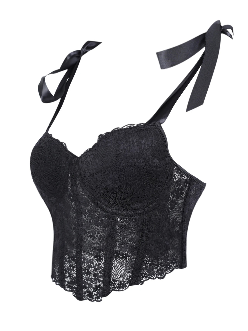 Midnight Black Floral Lace Cropped Bustier with Adjustable Bow-Tie Straps