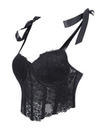 Midnight Black Floral Lace Cropped Bustier with Adjustable Bow-Tie Straps