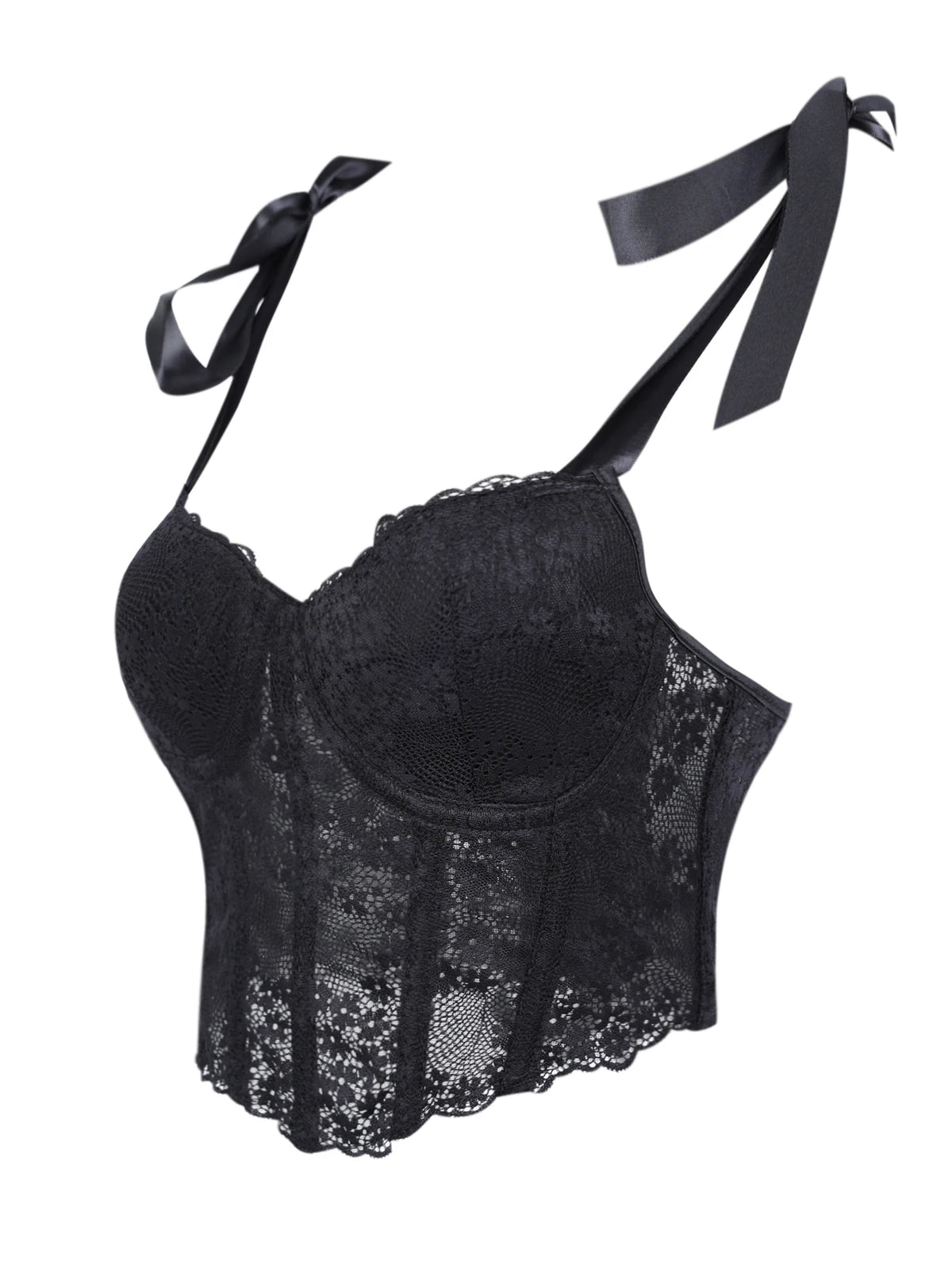 Midnight Black Floral Lace Cropped Bustier with Adjustable Bow-Tie Straps