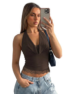 Ruched Halter Lace Crop Top with Open Back Contemporary Party Streetwear Style