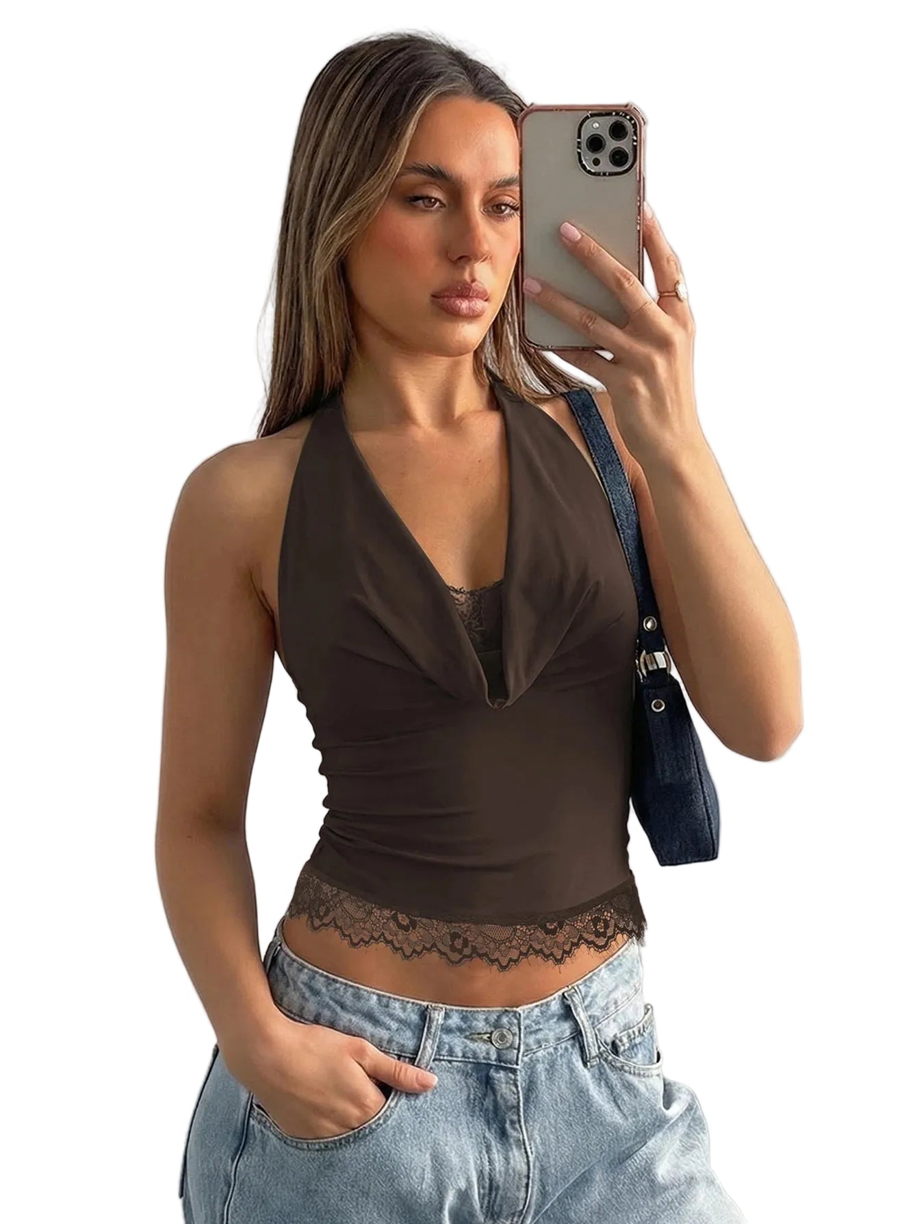 Ruched Halter Lace Crop Top with Open Back Contemporary Party Streetwear Style