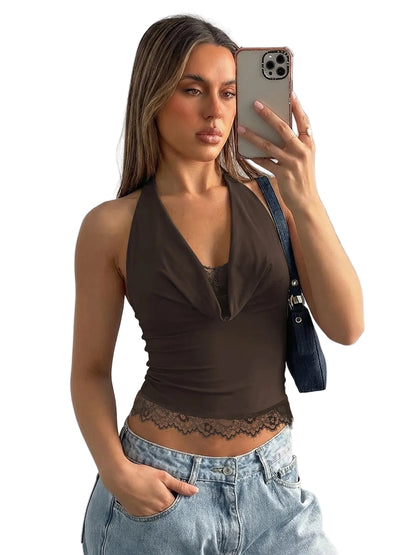 Ruched Halter Lace Crop Top with Open Back Contemporary Party Streetwear Style