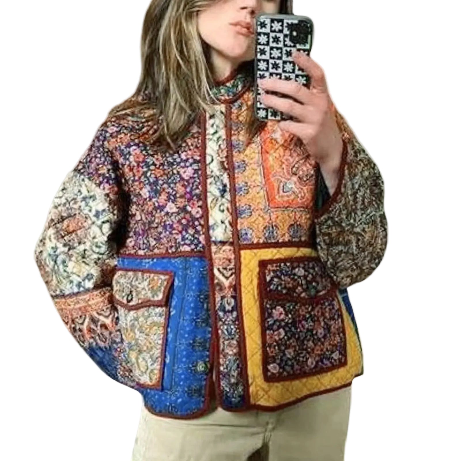 Women's Quilted Patchwork Padded Jacket Relaxed Casual Winter Hooded Outerwear Coat