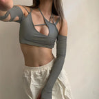 Strappy Cutout Halter Crop Top with Long Sleeves Contemporary Streetwear Style