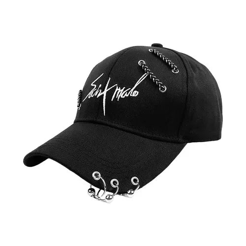 Embroidered Adjustable Baseball Cap with Decorative Metal Accents for Contemporary Streetwear Fashion