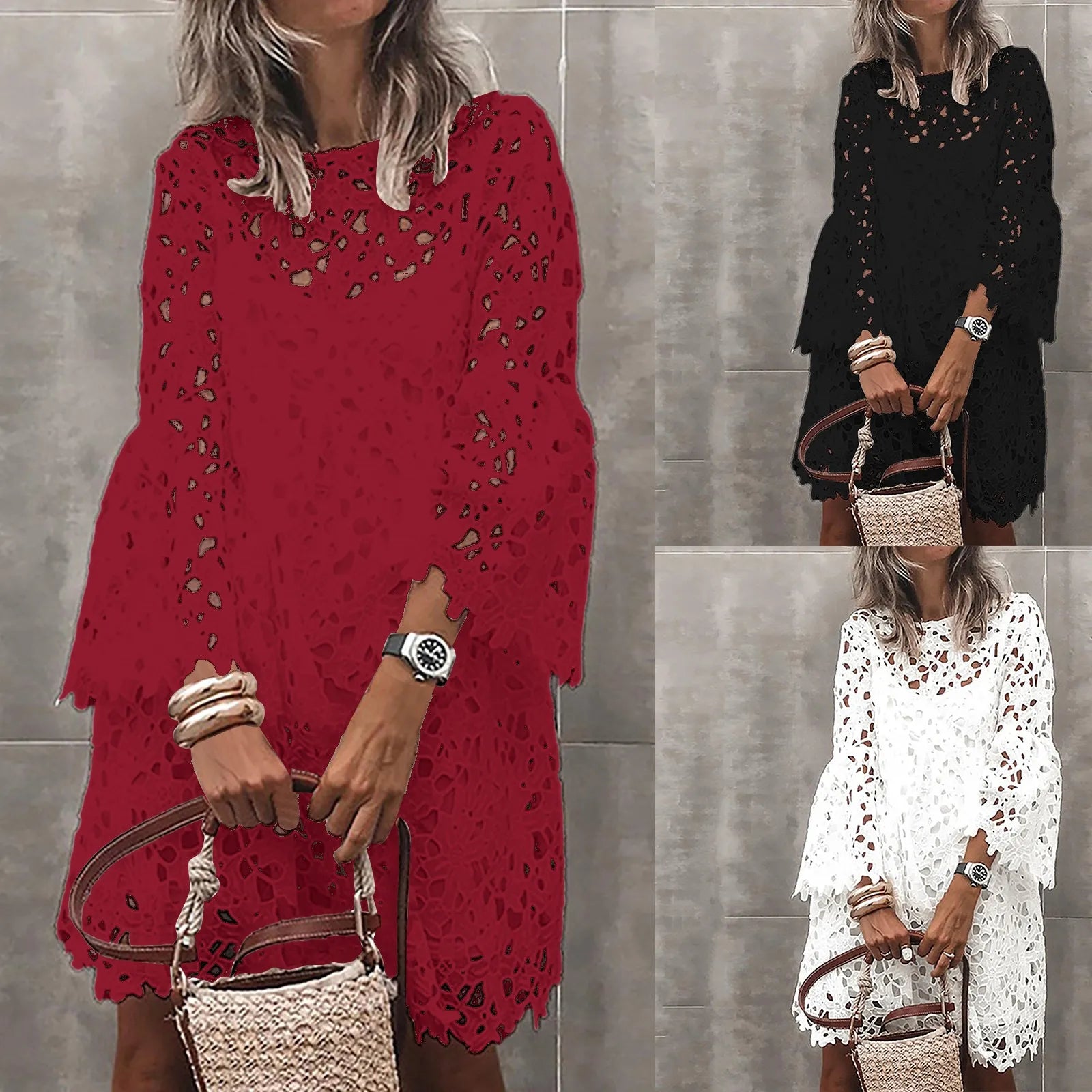 Bohemian Lace Overlay Mini Dress Set With Long Sleeves And Layered Design