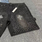 Men's Distressed Denim Shorts with Decorative Rhinestone Details and Modern Streetwear Style
