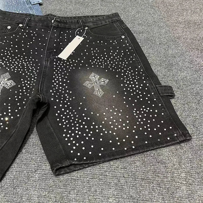 Men's Distressed Denim Shorts with Decorative Rhinestone Details and Modern Streetwear Style