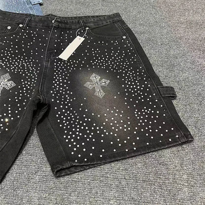 Men's Distressed Denim Shorts with Decorative Rhinestone Details and Modern Streetwear Style