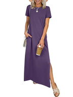 Relaxed Crew Neck Maxi Dress with Side Slits and Functional Pockets