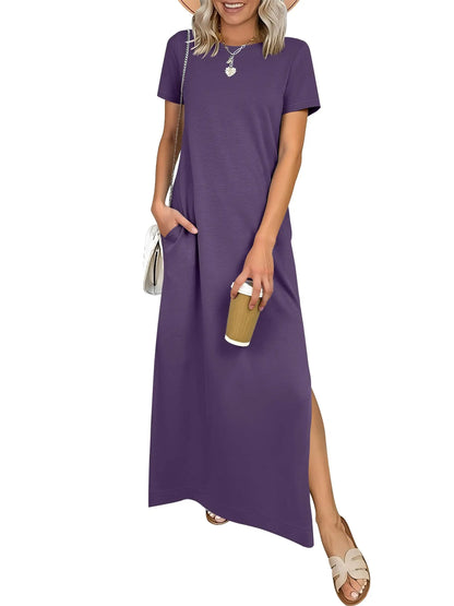 Relaxed Crew Neck Maxi Dress with Side Slits and Functional Pockets