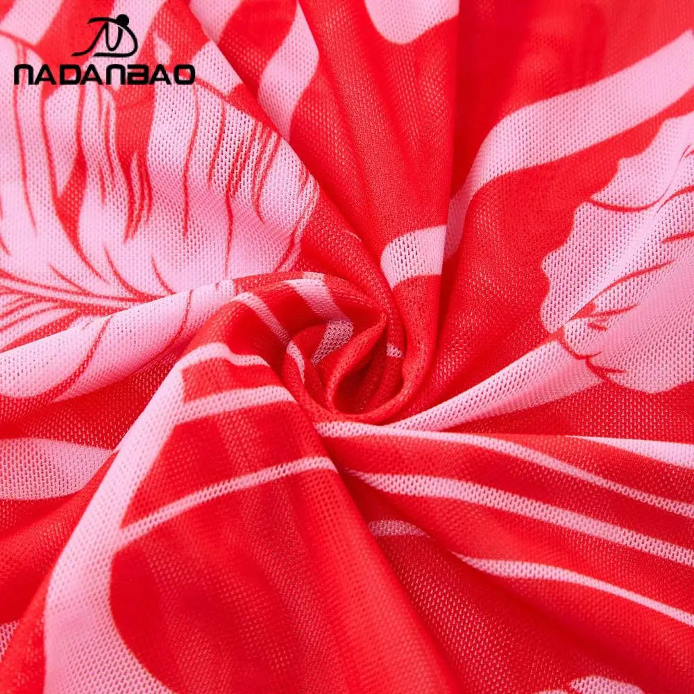 Vibrant Red Tropical Print Swimsuit and Matching Cover-Up Shorts Set