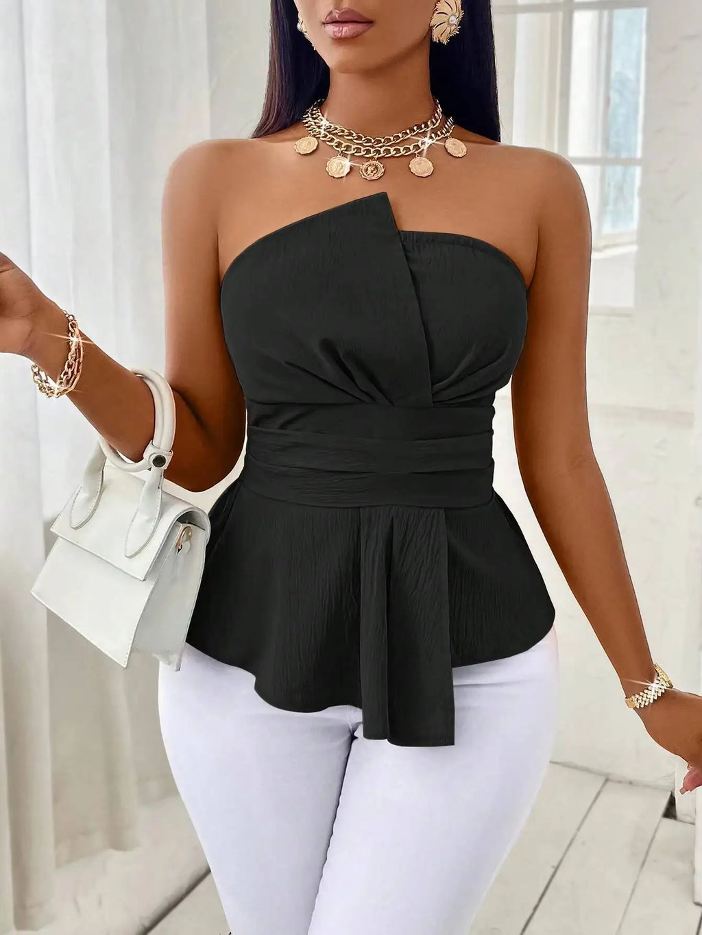 Halter Peplum Crop Top with Ruched Waist Contemporary Streetwear Slim Fit