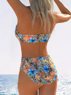 Tropical Floral and Leopard Print Bandeau Bikini Set with Mid-Waist Bottoms