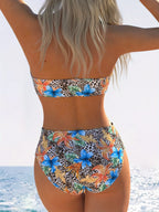 Tropical Floral and Leopard Print Bandeau Bikini Set with Mid-Waist Bottoms