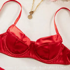 Lustrous Ruched Satin Demi Bra and Minimalist String Thong Set