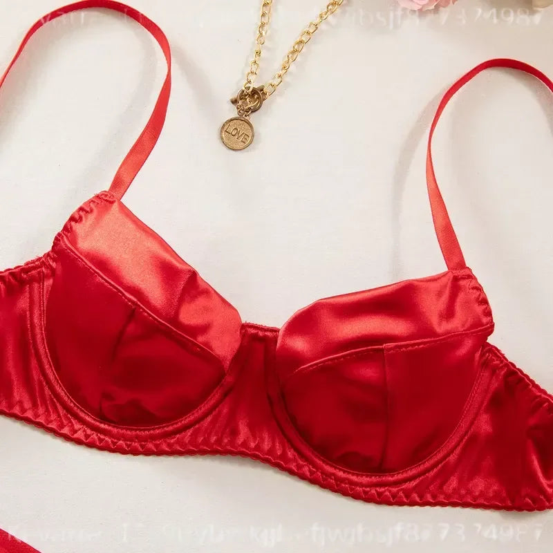 Lustrous Ruched Satin Demi Bra and Minimalist String Thong Set