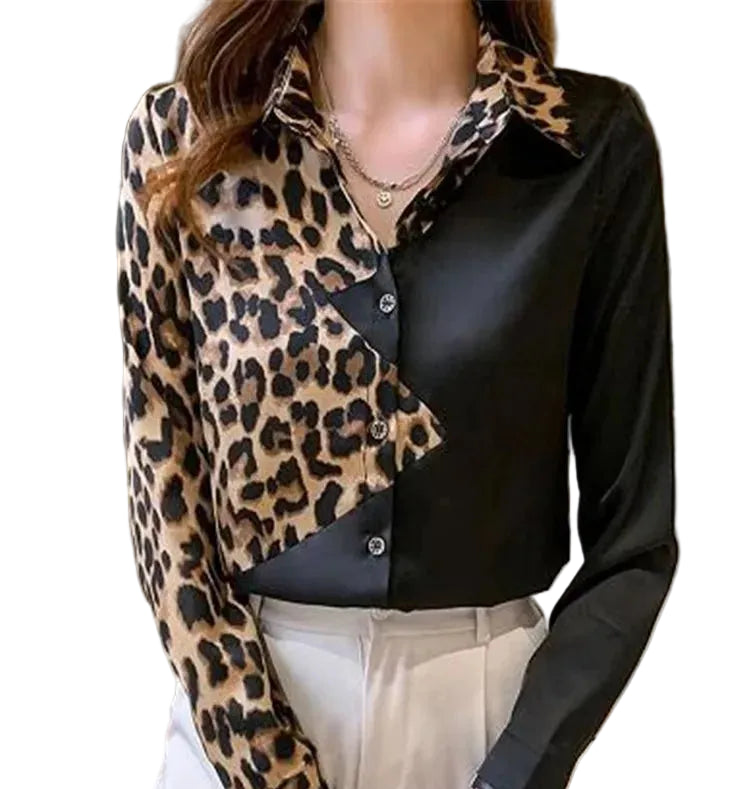 Dynamic Leopard Print and Solid Black Spliced Button-Down Blouse
