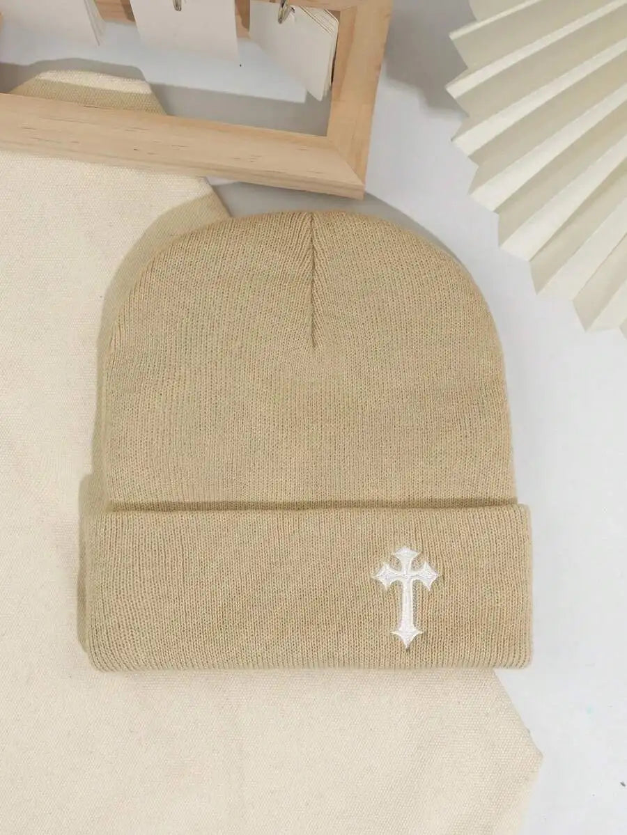 Minimalist Embroidered Cross Acrylic Knit Beanie for Modern Streetwear Winter Casual Fashion Style