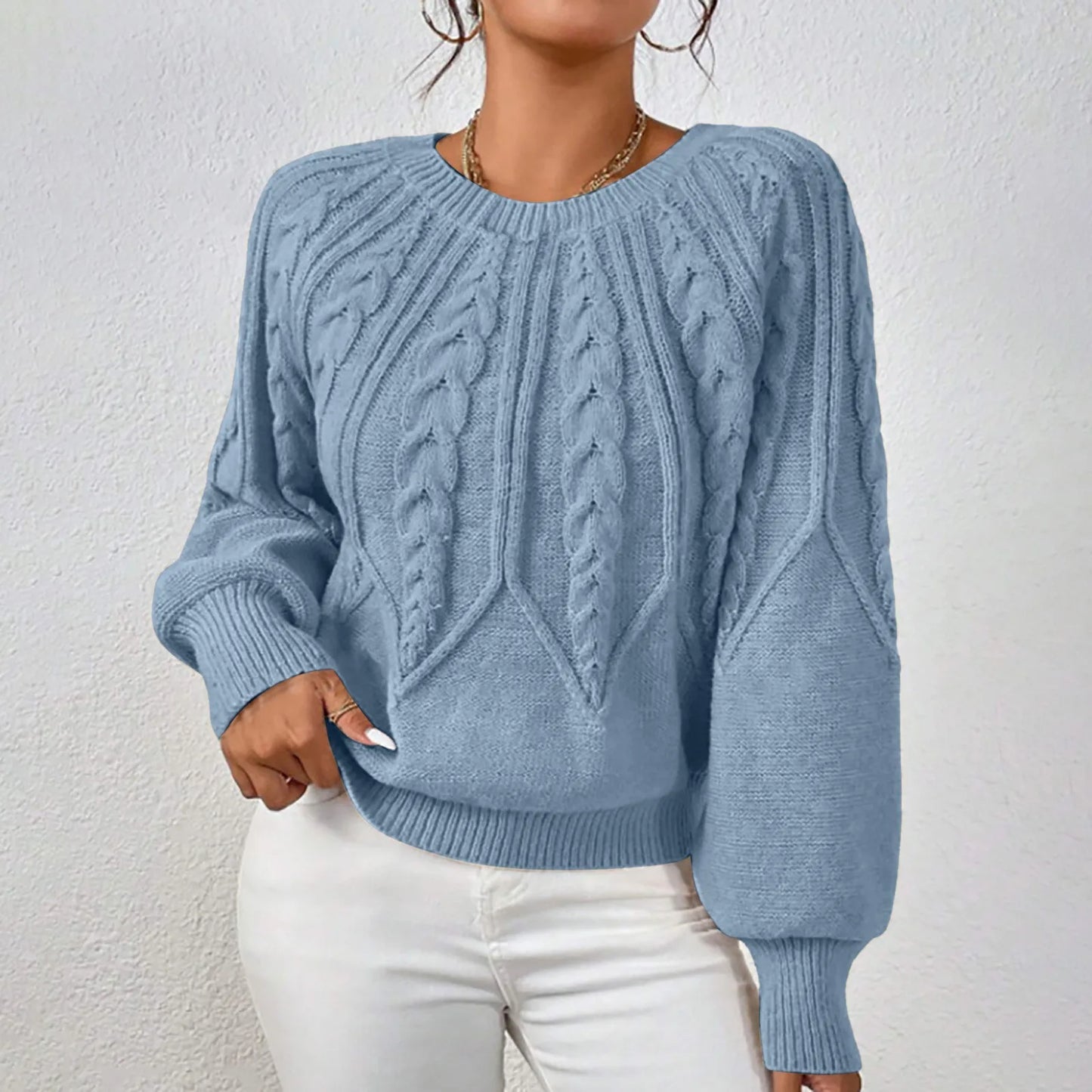 Women's Textured Crew Neck Relaxed Fit Contemporary Knit Sweater Top
