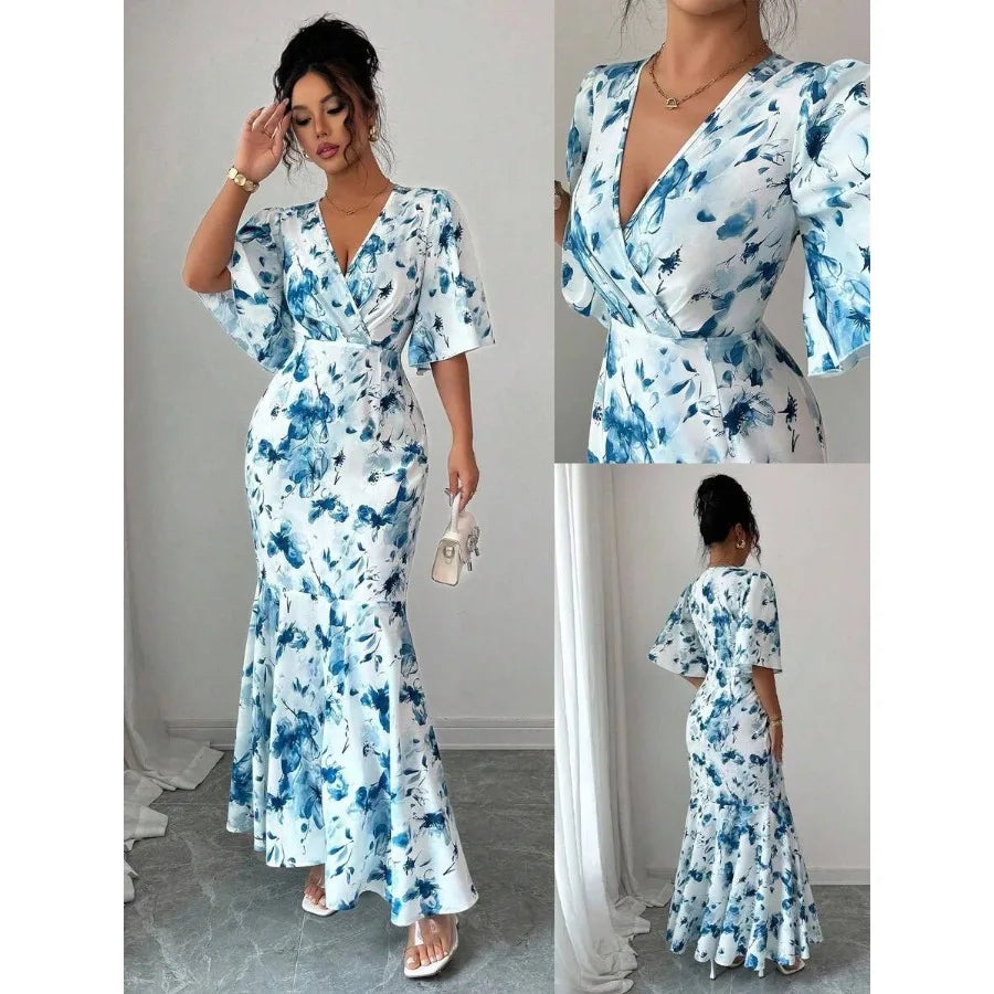 Floral Wrap Style Maxi Dress with Ruffle Hem and Flutter Sleeves