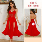 Ethereal White Lace Maxi Nightgown with Plunging Neckline and Dramatic Double-Slit Skirt