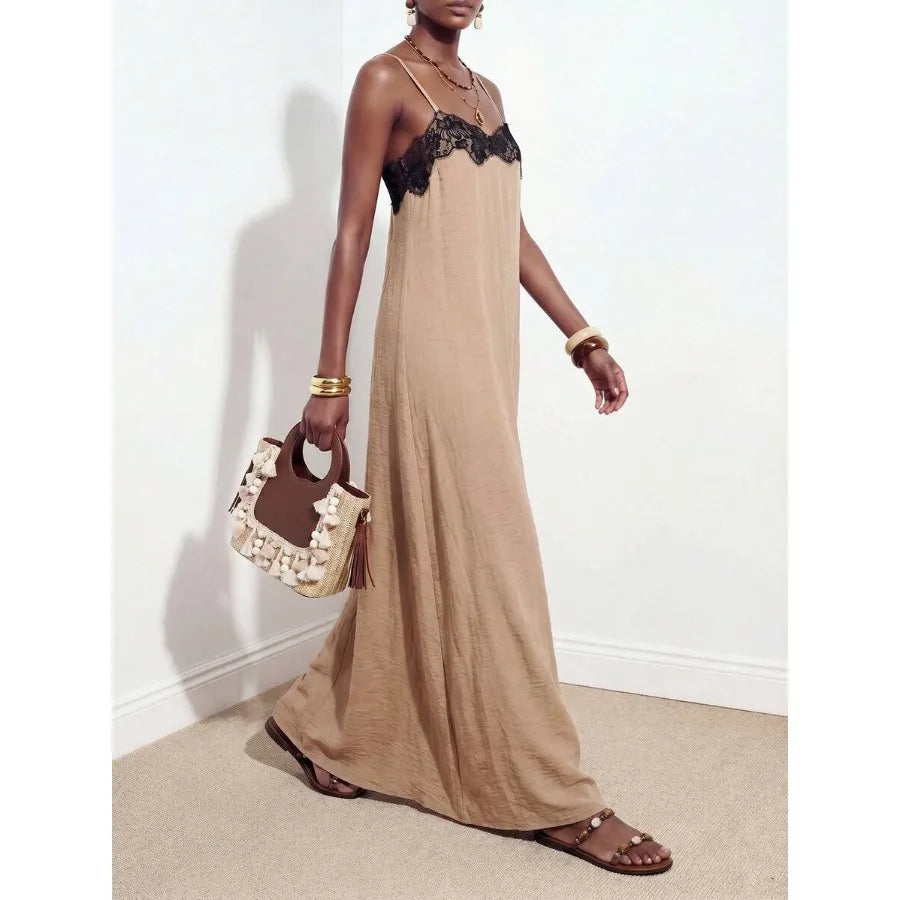 Contrast Trim Maxi Dress With Soft A Line Flowing Silhouette