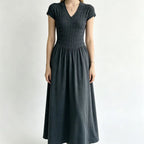Elegant Short-Sleeve Smocked A-Line Midi Dress in Classic Black