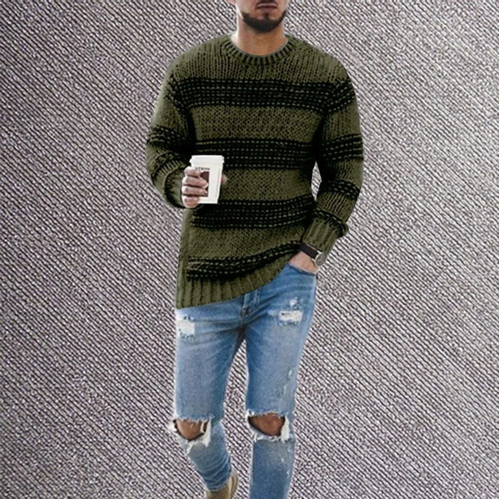 Men's Relaxed Fit Striped Flat Knit Crew Neck Streetwear Sweater Pullover