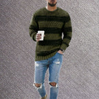 Men's Relaxed Fit Striped Flat Knit Crew Neck Streetwear Sweater Pullover