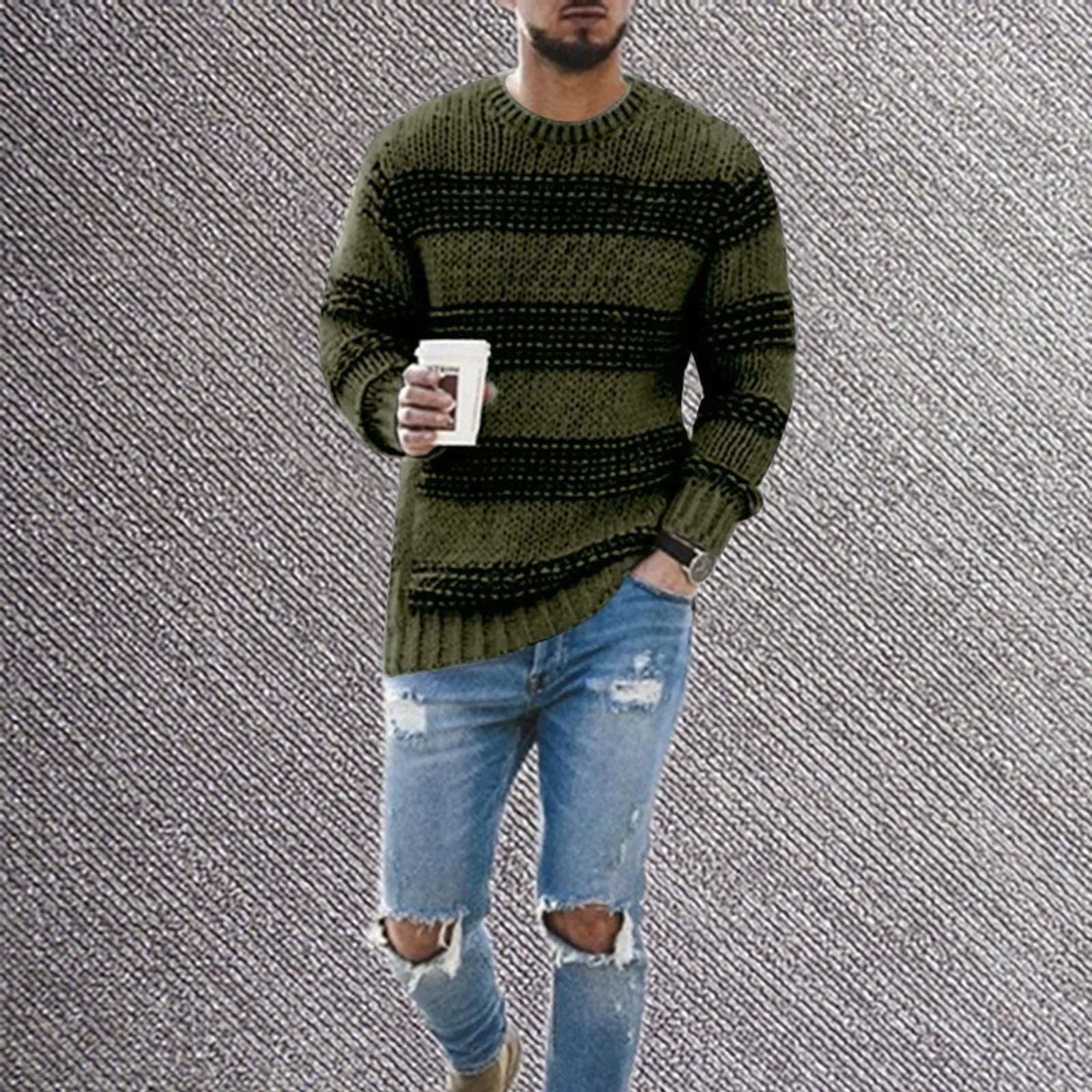 Men's Relaxed Fit Striped Flat Knit Crew Neck Streetwear Sweater Pullover