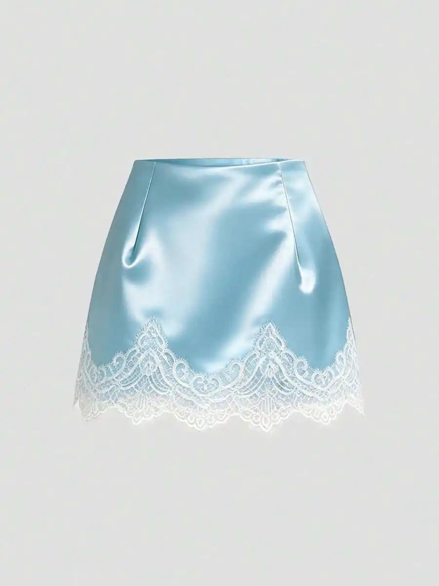 Satin Lace Trim Mini Skirt with Sleek Fitted Contemporary Silhouette