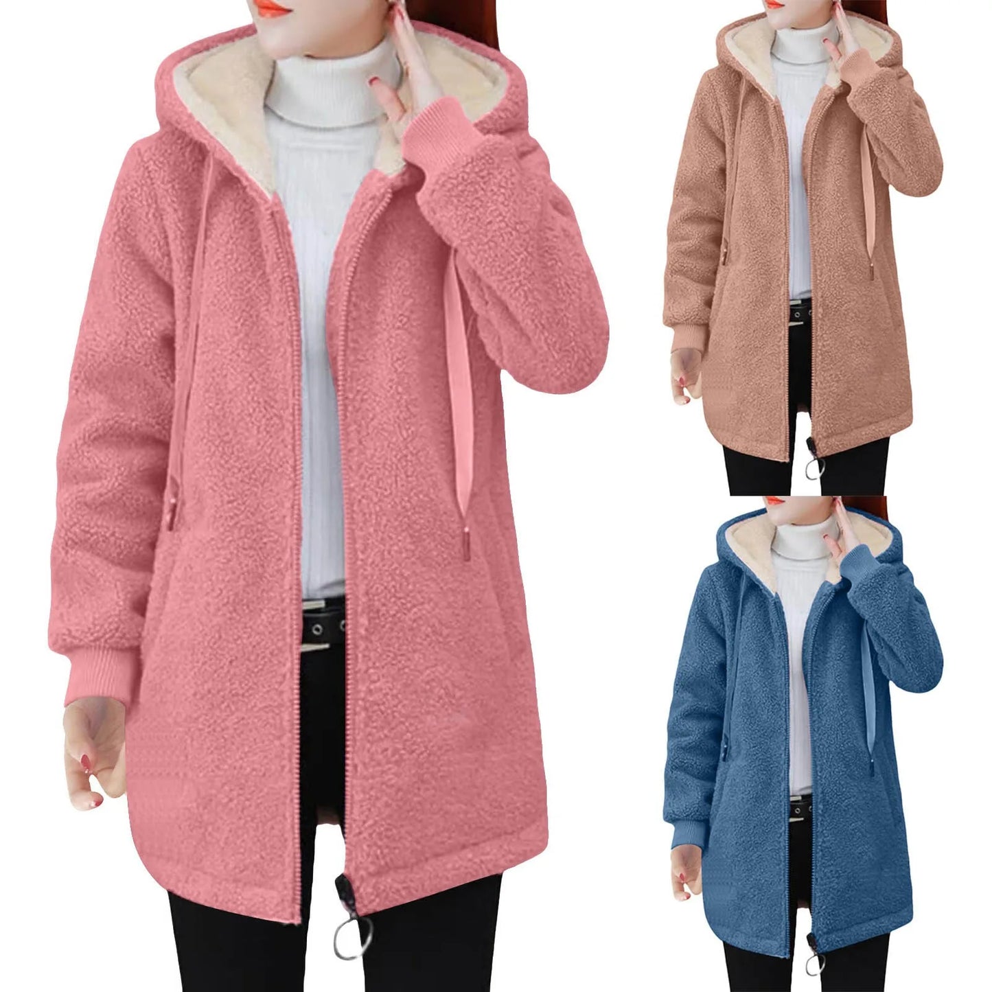 Women's Longline Hooded Sherpa Fleece Zip Jacket for Cozy Streetwear Layering