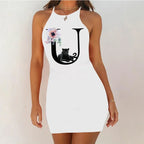 White Sleeveless Mini Nightgown with Bold Black Letter and Graphic Print, Slim Silhouette and Above-Knee Length