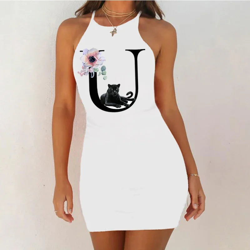 White Sleeveless Mini Nightgown with Bold Black Letter and Graphic Print, Slim Silhouette and Above-Knee Length