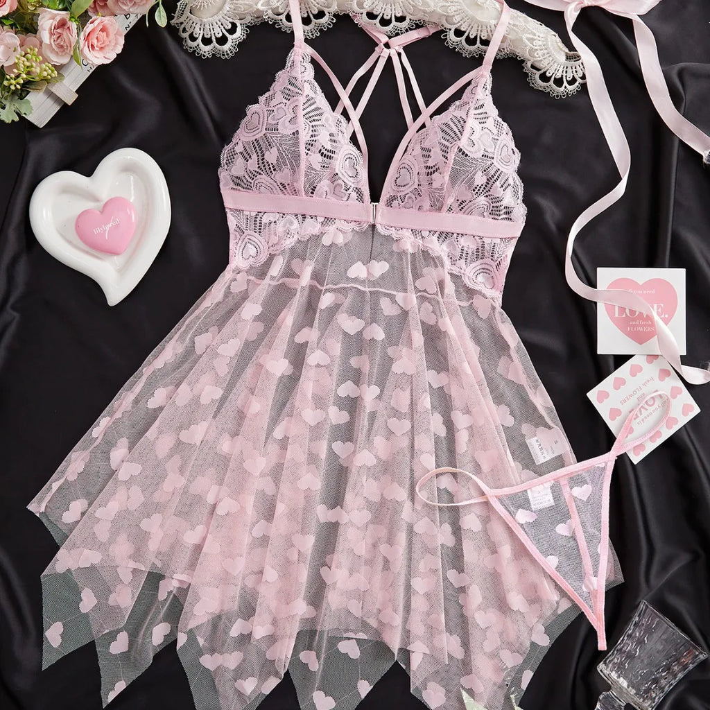 Grey and Pink Heart-Patterned Mesh Babydoll Set with Handkerchief Hem
