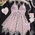 Grey and Pink Heart-Patterned Mesh Babydoll Set with Handkerchief Hem
