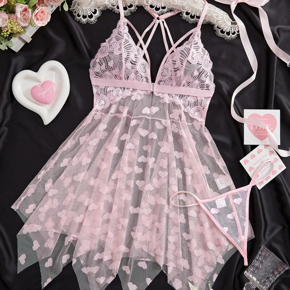 Grey and Pink Heart-Patterned Mesh Babydoll Set with Handkerchief Hem