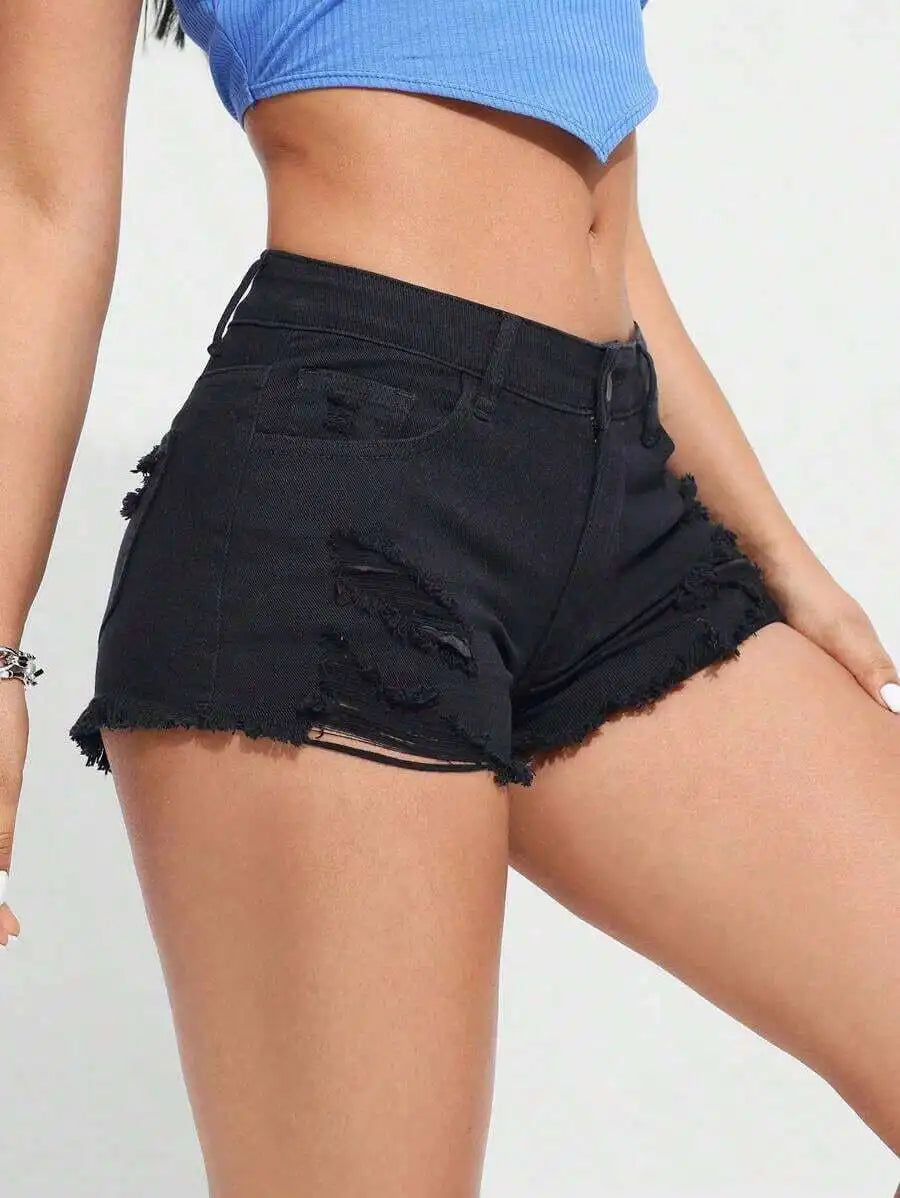 Women's High Waist Distressed Denim Shorts with Frayed Details and Casual Everyday Fit