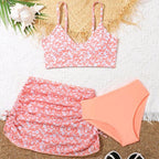 Girls' Floral Two-Piece Bikini Set with Coordinating Skirt, Cute Summer Swimwear Design for Young Children