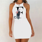 White Sleeveless Mini Nightgown with Bold Black Letter and Graphic Print, Slim Silhouette and Above-Knee Length