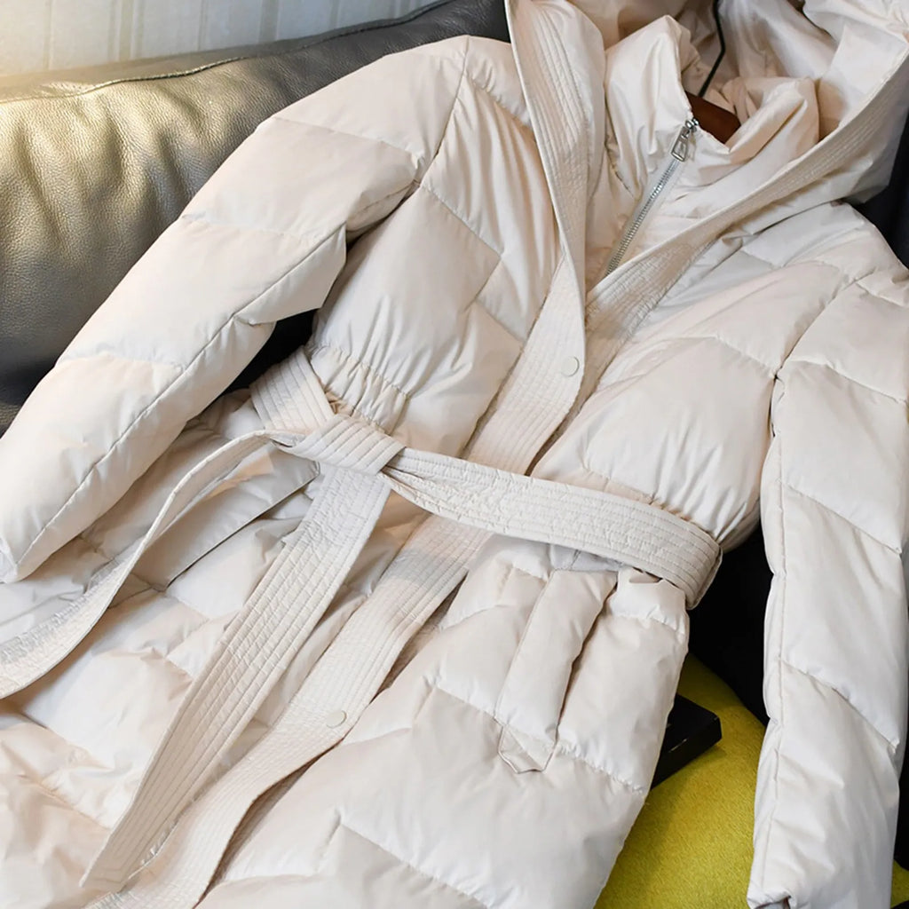 Women's Long Hooded Belted Puffer Coat with Quilted Design Mid-Length Winter Streetwear Outerwear
