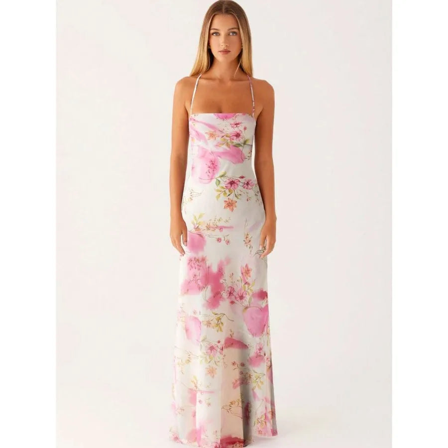 Floral Print Bodycon Maxi Dress with Square Neck and Tie Straps
