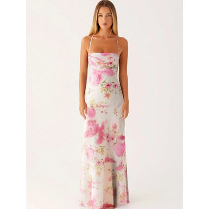 Floral Print Bodycon Maxi Dress with Square Neck and Tie Straps