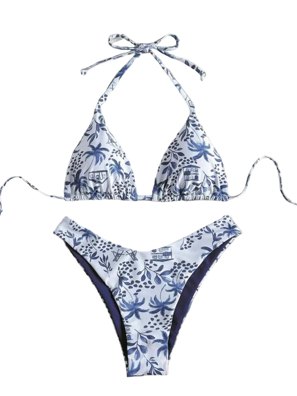 Vintage Blue Toile Print Triangle Bikini with High-Cut Silhouette