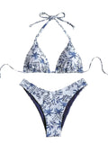 Vintage Blue Toile Print Triangle Bikini with High-Cut Silhouette