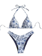 Vintage Blue Toile Print Triangle Bikini with High-Cut Silhouette