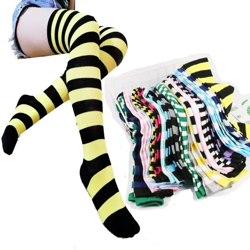 Striped Thigh High Socks with Stretch Knit Construction for Casual Y2K Streetwear Fashion